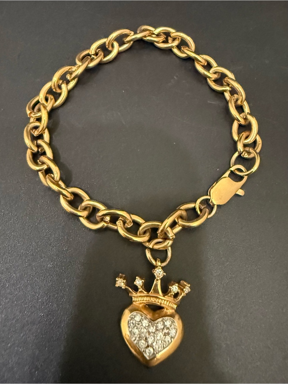 Unsigned Gold-tone Pave Crystal Crown Heart Chain Bracelet